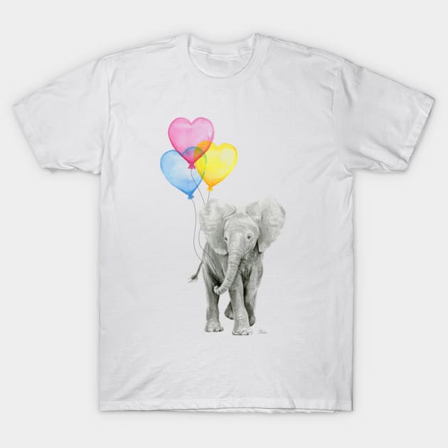 Elephant Watercolor Heart Shaped Balloons T-Shirt by Olechka